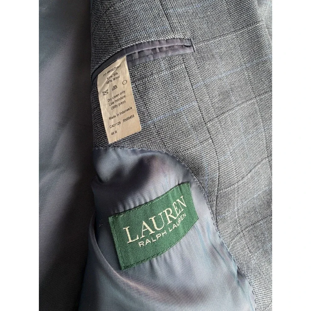Lauren Ralph Lauren Jacket Mens 46 R Gray Plaid Wool Silk Blazer Business